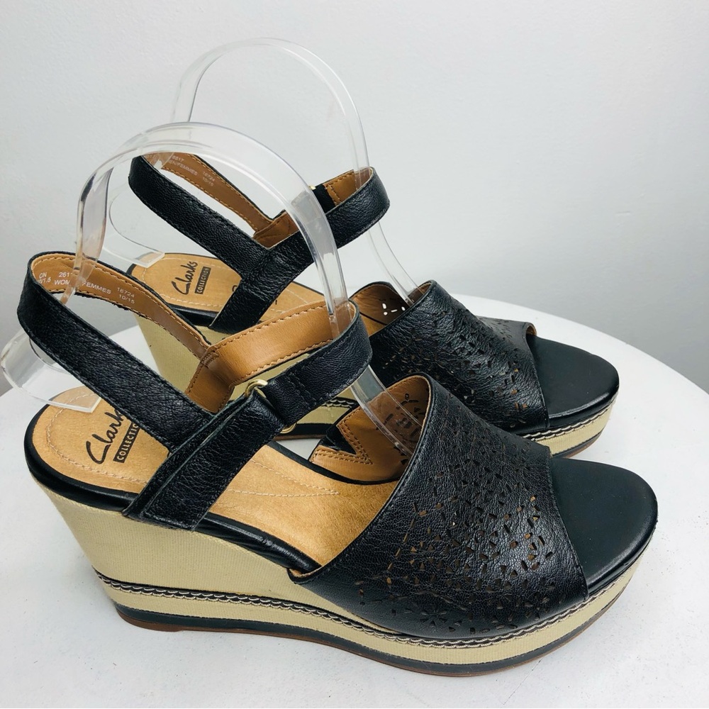 Clarks Collection Zia Graze Black Leather  4” platform wedge sandals SZ 9. RR1